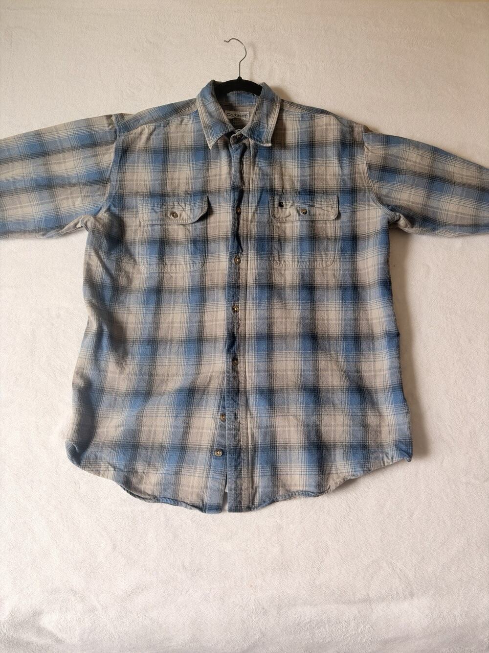 Carhartt XL Flannel Shacket Blue Gray Plaid Rugged Workwear